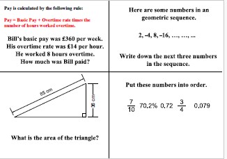 Starter activity on algebra, Pythagoras Theorem, sequences and fractions.